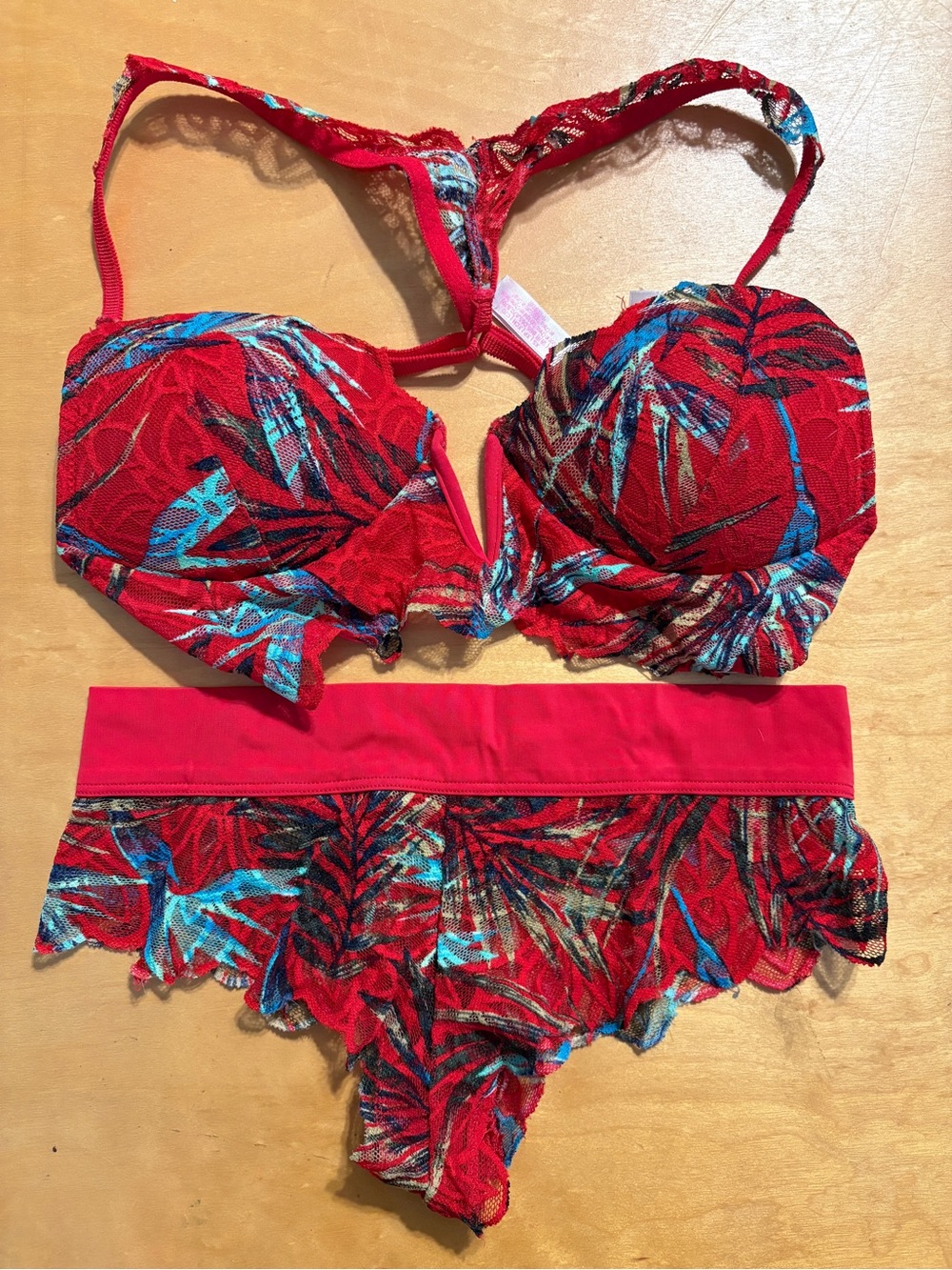 #51G - MUST GO! Pink Victoria’s Secret Red Tropical Lace Bra and Lace Panty Set